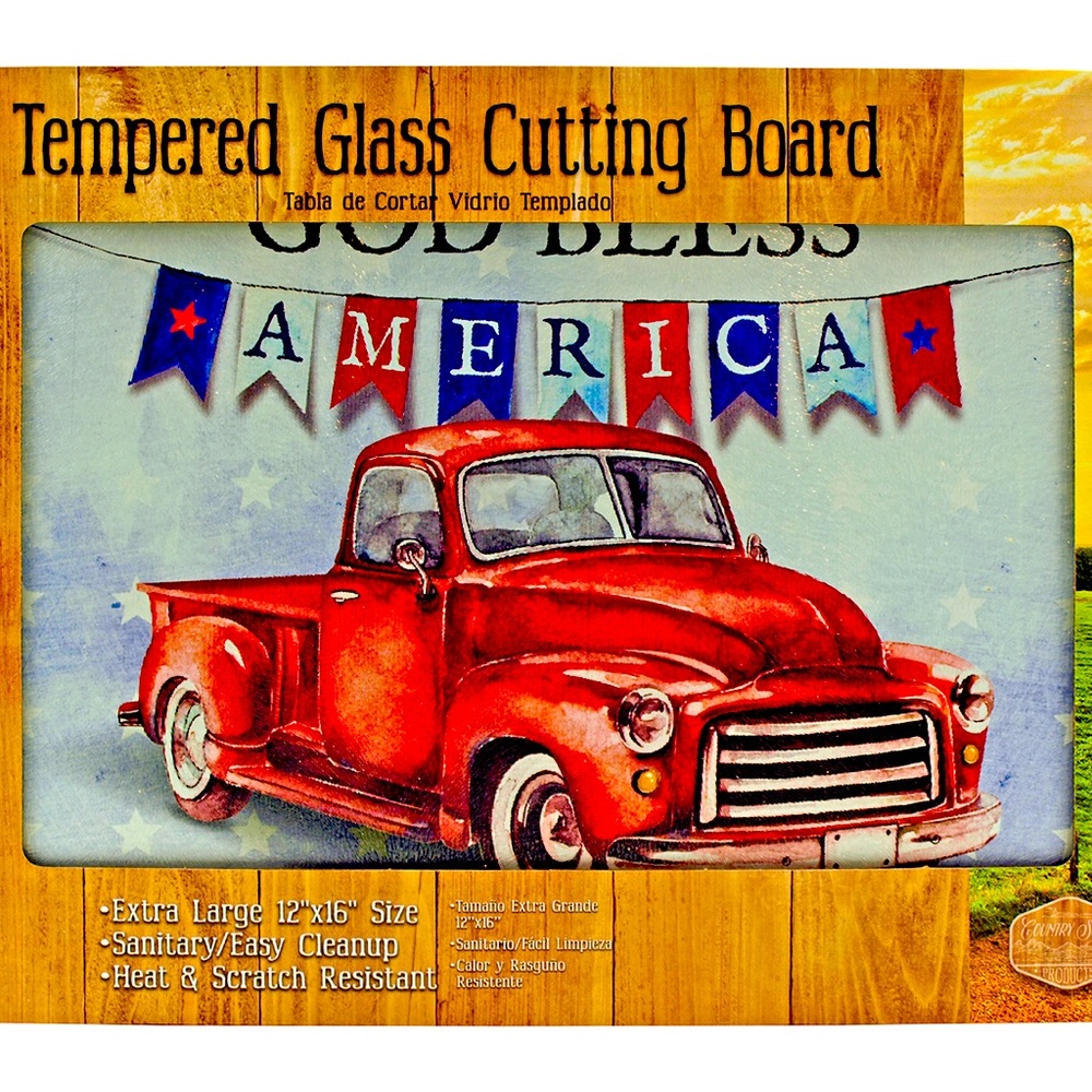 God Bless America Vintage Pickup Truck Patriotic 4th of July Cutting Board NWT
